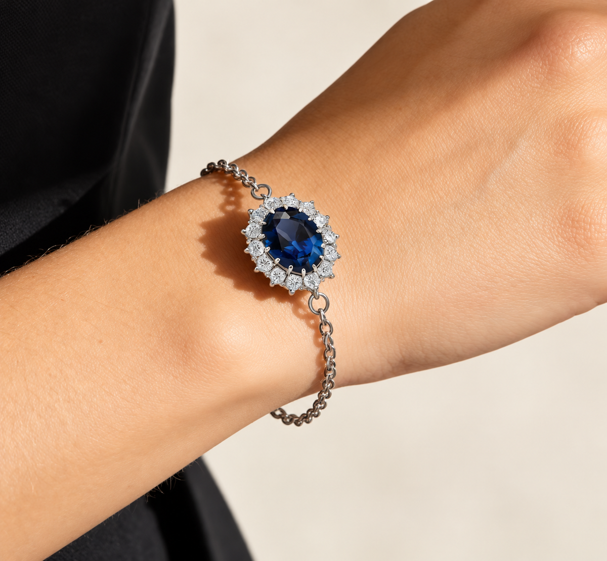 Celeste oval halo jewelry set — bracelet worn