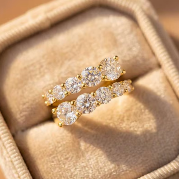 Gold-tone open geometric double-row crystal-style ring