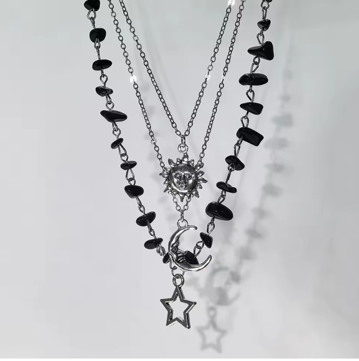 Full-view black-chip-bead celestial layered necklace