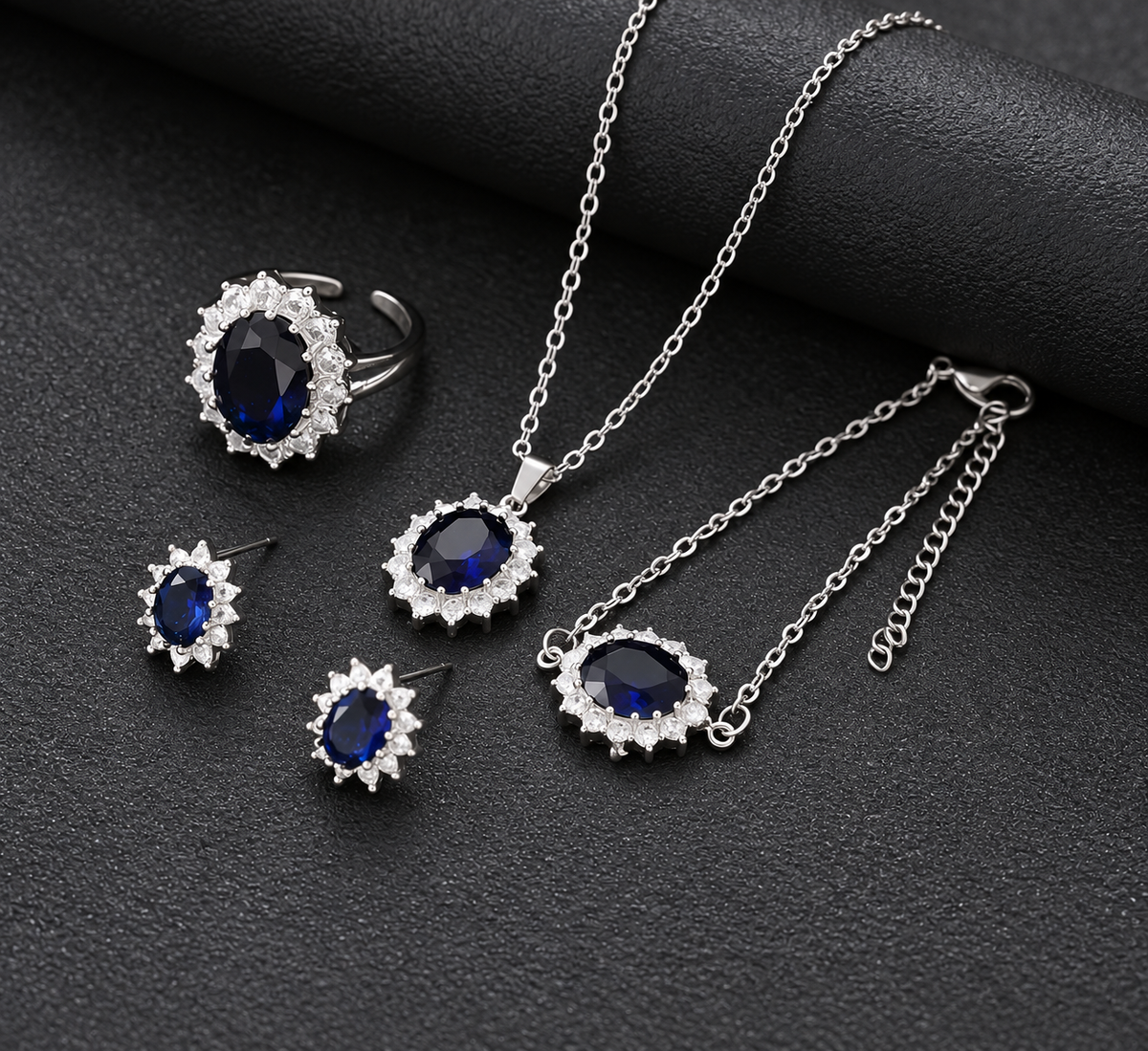 Celeste oval halo jewelry set — blue styled