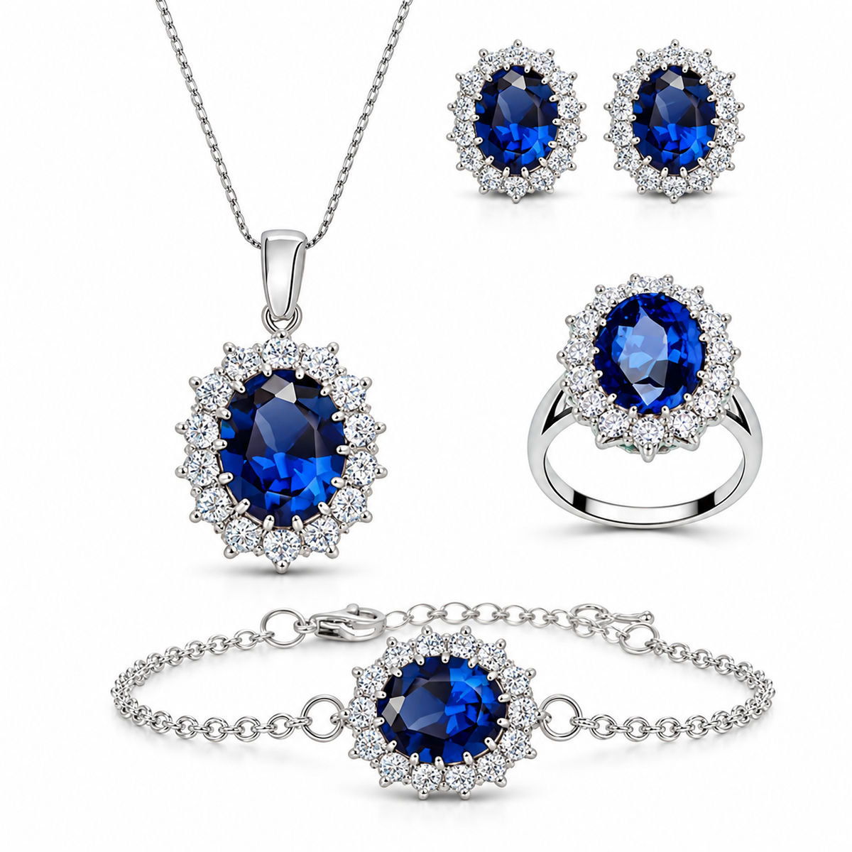 Celeste oval halo jewelry set — deep blue