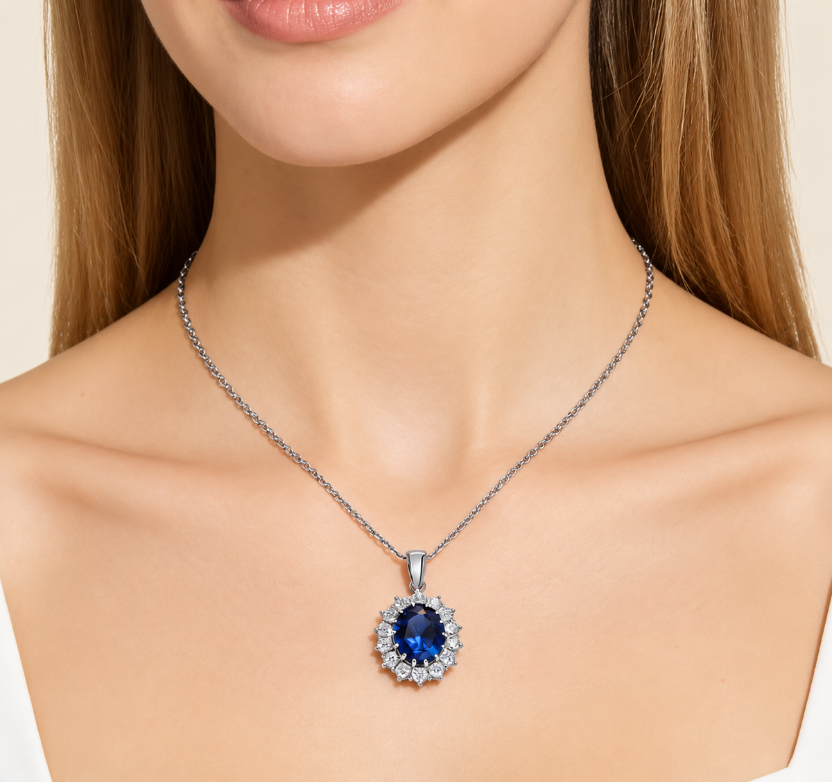Celeste oval halo jewelry set — necklace worn