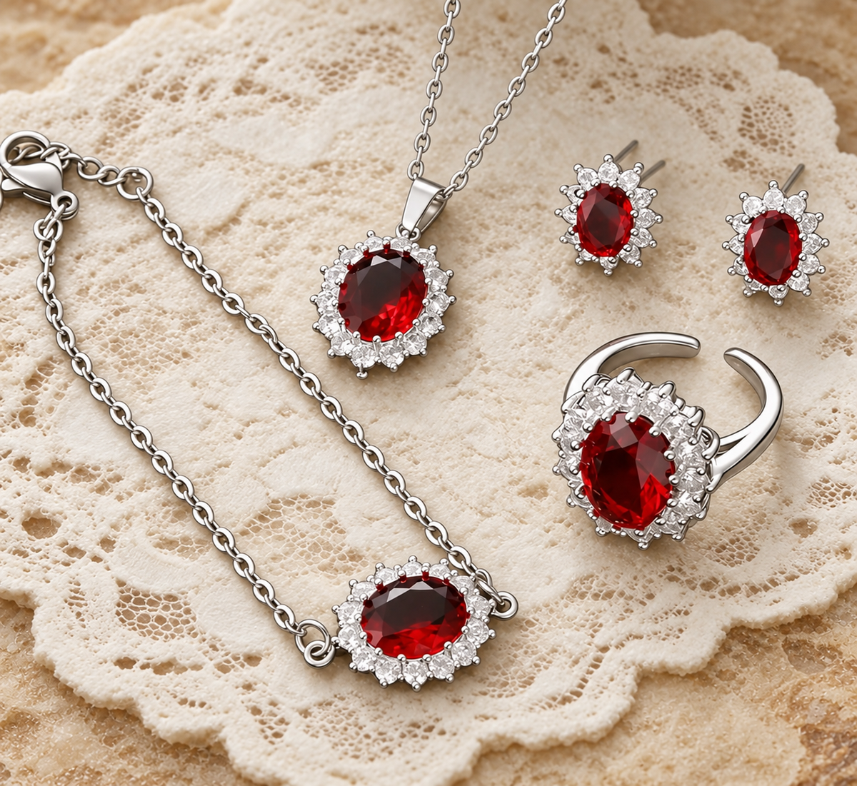 Celeste oval halo jewelry set — red styled