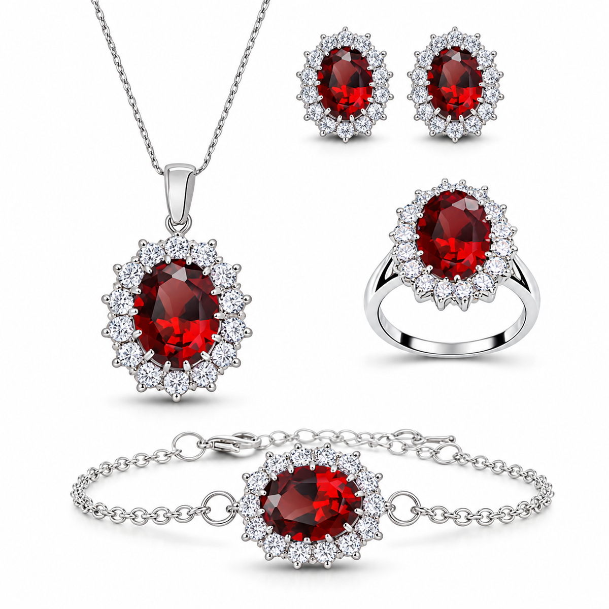 Celeste oval halo jewelry set — red