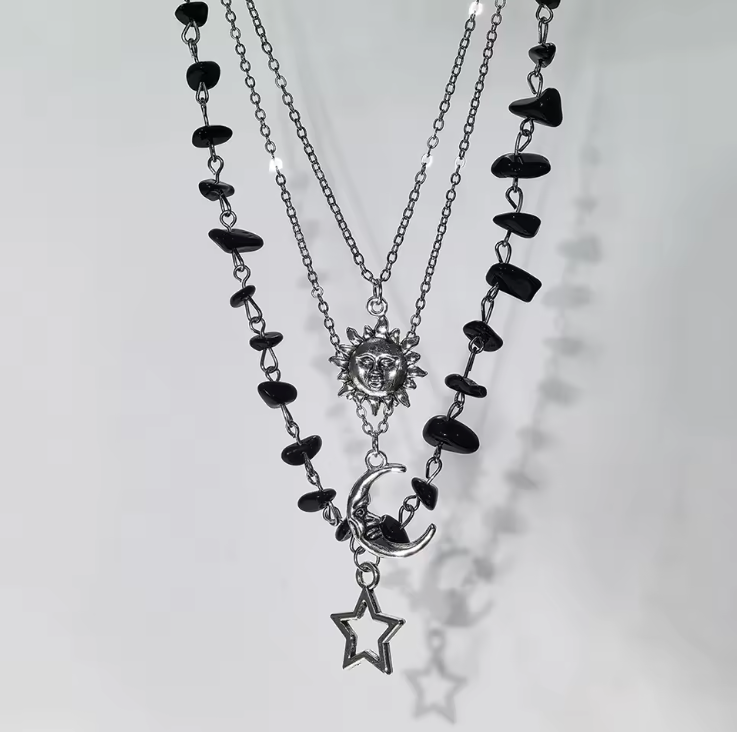 Sun moon and star black-bead layered necklace