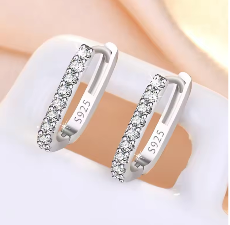 Silver tone rectangular crystal hoops