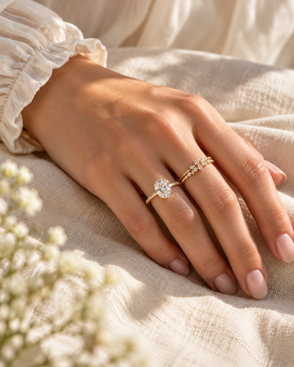 Gold rings worn on a hand with cream linen and flowers